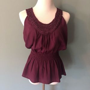 Purple satin billowing tank with beaded & rushing